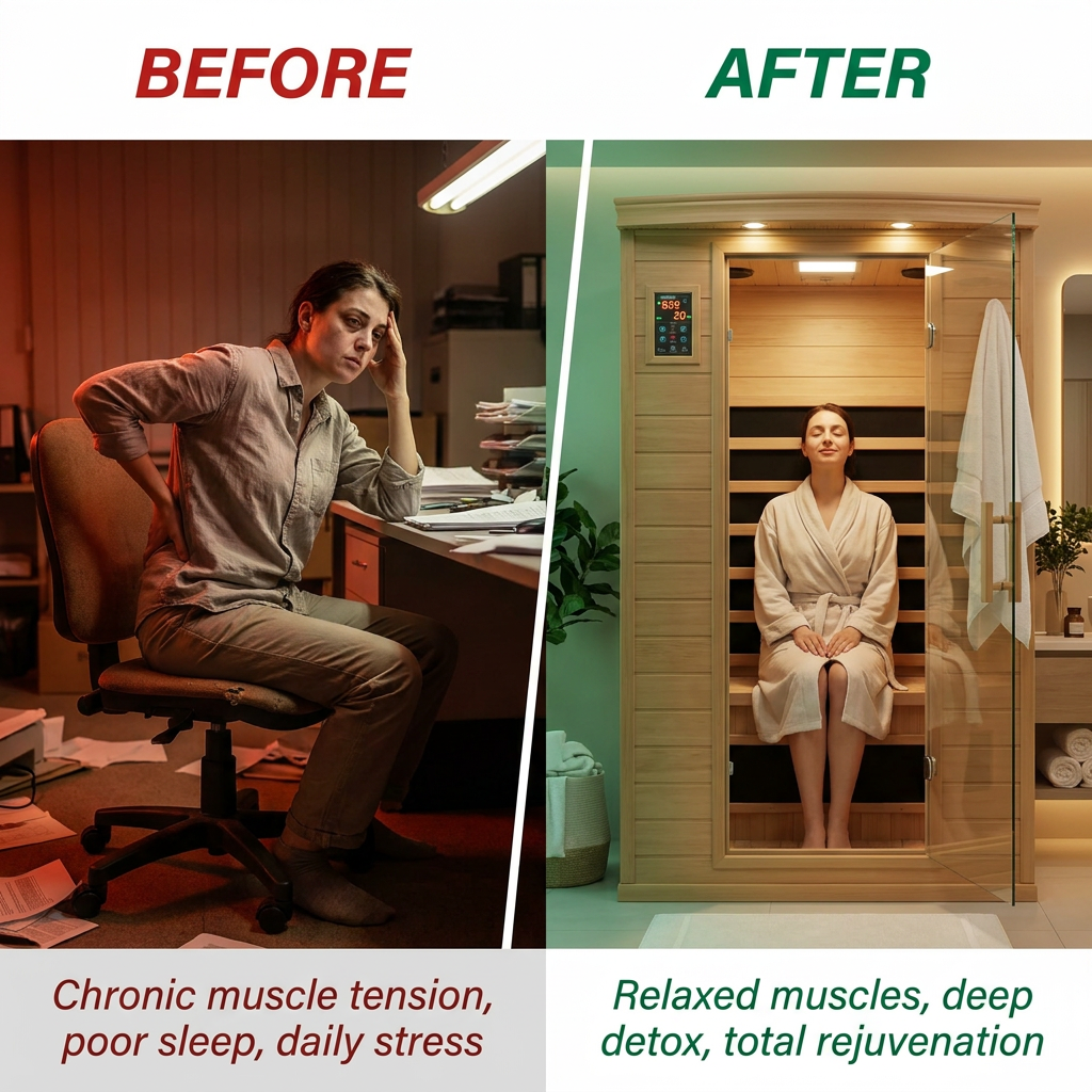 1 Person Extendable FAR Infrared Sauna for Home, Hemlock Wood Low EMF 6 Carbon Heaters Indoor Saunas with LED Lights, Bluetooth Speaker, Digital Control Panel, and Seating Bench — Before & After