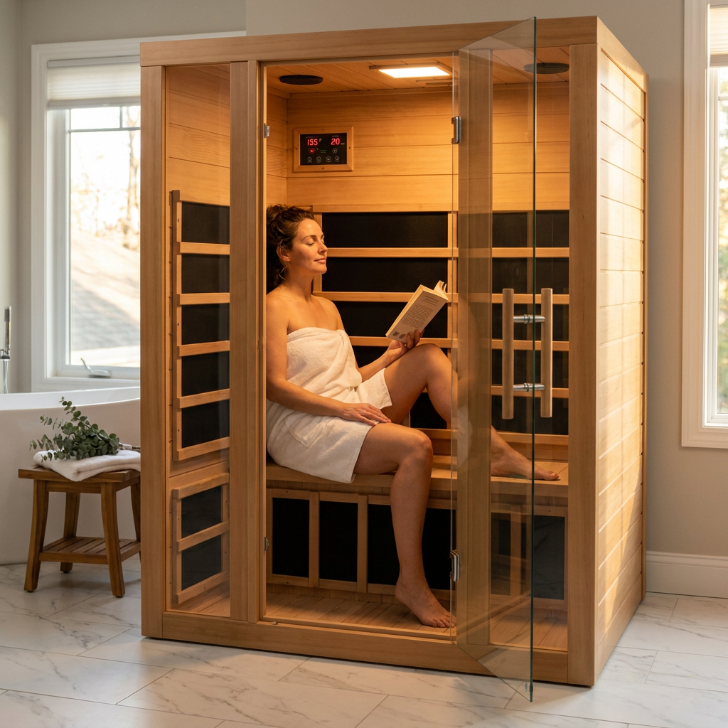 1 Person Extendable FAR Infrared Sauna for Home, Hemlock Wood Low EMF 6 Carbon Heaters Indoor Saunas with LED Lights, Bluetooth Speaker, Digital Control Panel, and Seating Bench — Lifestyle