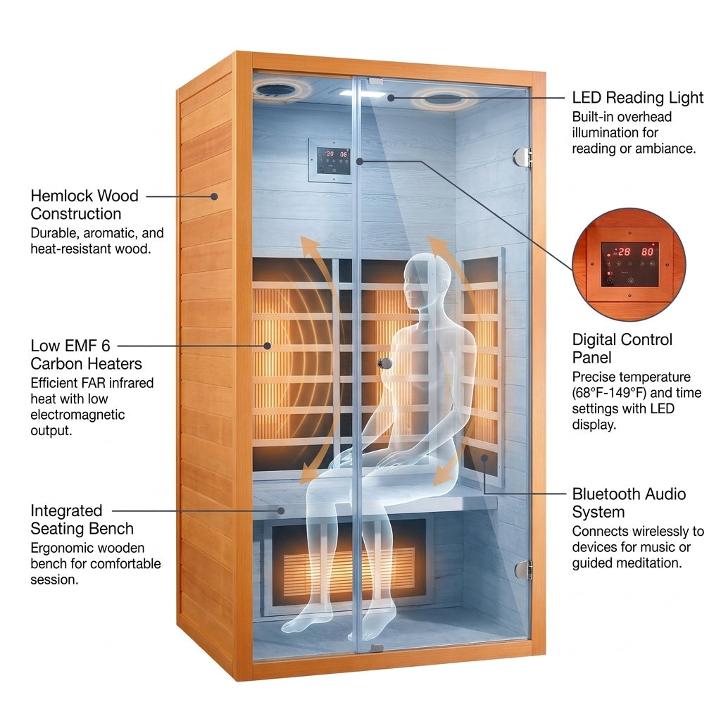 1 Person Extendable FAR Infrared Sauna for Home, Hemlock Wood Low EMF 6 Carbon Heaters Indoor Saunas with LED Lights, Bluetooth Speaker, Digital Control Panel, and Seating Bench — How It Works