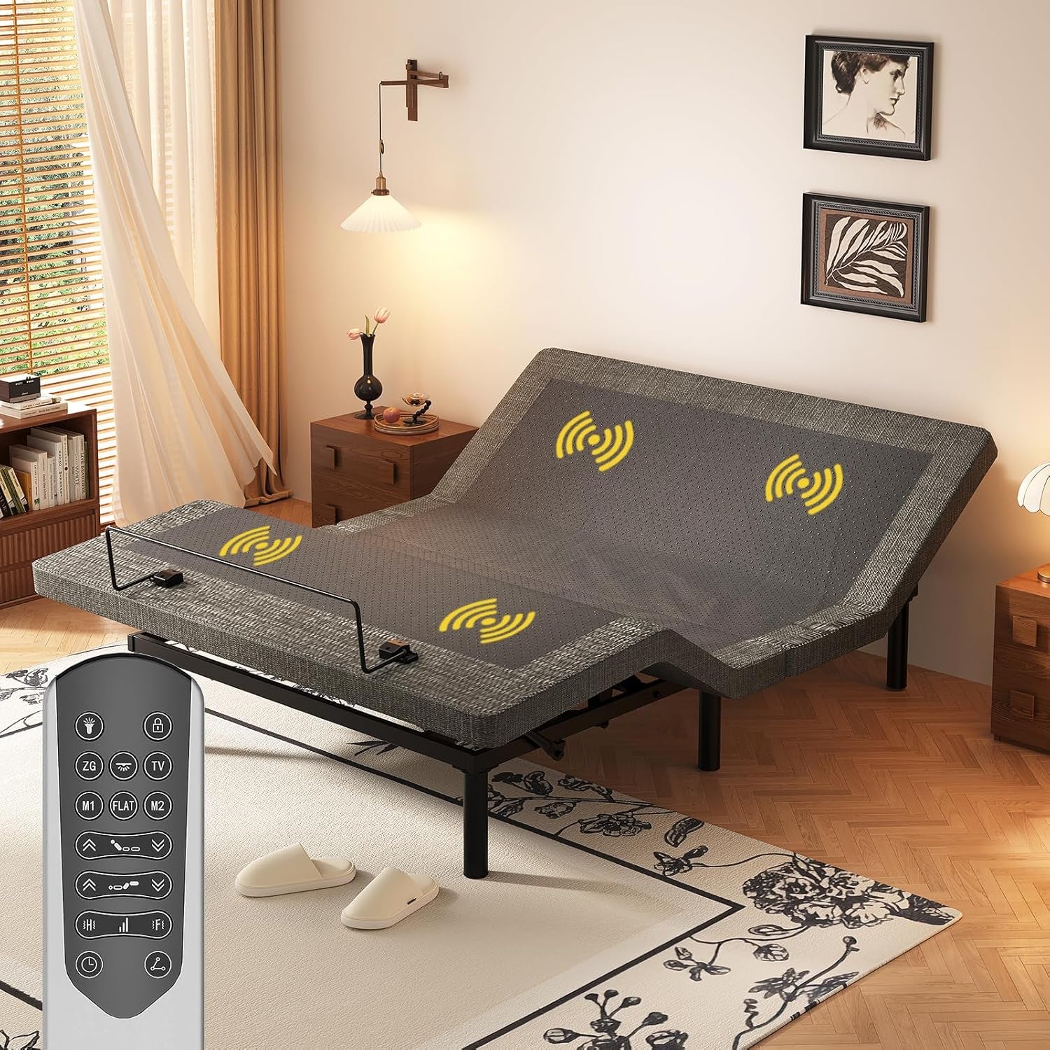 Full Size Smart Massage Bed Base, Electric Adjustable Frame with 6-Vibration Modes, Head & Foot Incline, 2 USB Ports, Flashlight, Storage Shelf & Remote