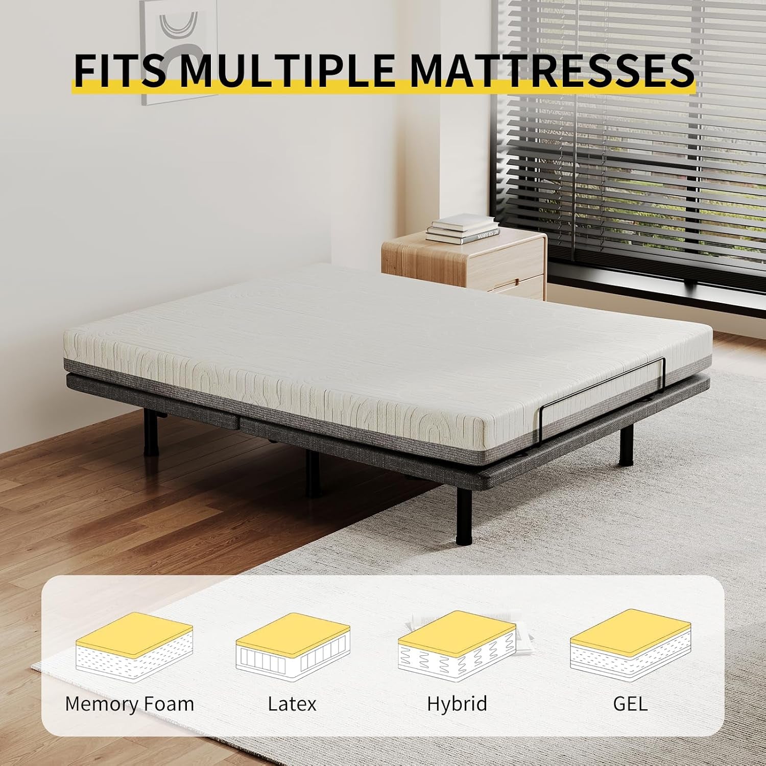 Full Size Smart Massage Bed Base, Electric Adjustable Frame with 6-Vibration Modes, Head & Foot Incline, 2 USB Ports, Flashlight, Storage Shelf & Remote