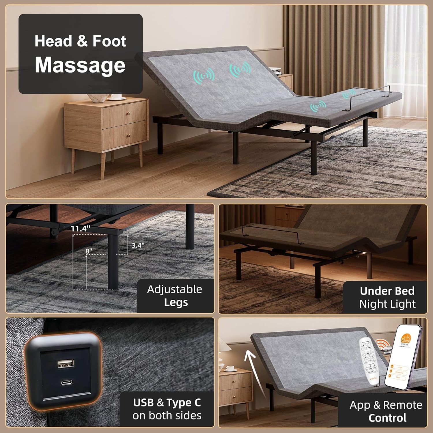 Adjustable Bed Frame + 12" Hybrid Mattress Split King(Medium) - Luxury Gel Memory Foam, Upholstered Bed Frames with Massage, USB, under Bed Night Light, Head and Foot Incline, Split King
