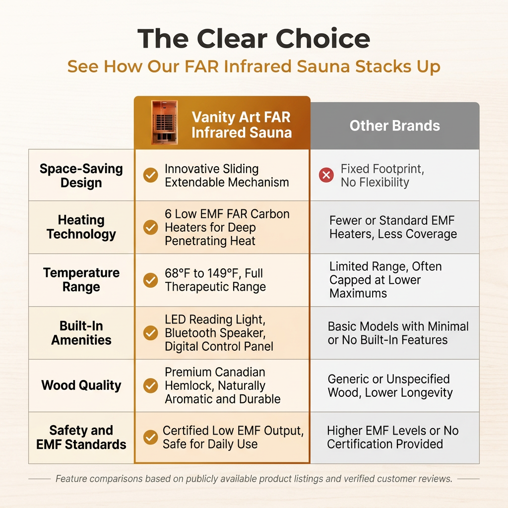 1 Person Extendable FAR Infrared Sauna for Home, Hemlock Wood Low EMF 6 Carbon Heaters Indoor Saunas with LED Lights, Bluetooth Speaker, Digital Control Panel, and Seating Bench — Comparison