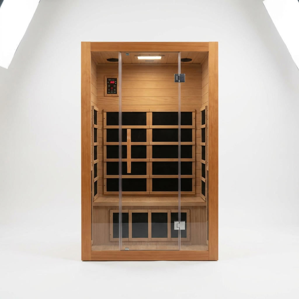 1 Person Extendable FAR Infrared Sauna for Home, Hemlock Wood Low EMF 6 Carbon Heaters Indoor Saunas with LED Lights, Bluetooth Speaker, Digital Control Panel, and Seating Bench — Studio Shot