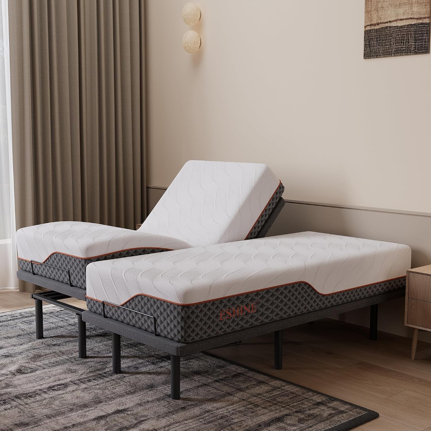 Adjustable Bed Frame + 12" Hybrid Mattress Split King(Medium) - Luxury Gel Memory Foam, Upholstered Bed Frames with Massage, USB, under Bed Night Light, Head and Foot Incline, Split King
