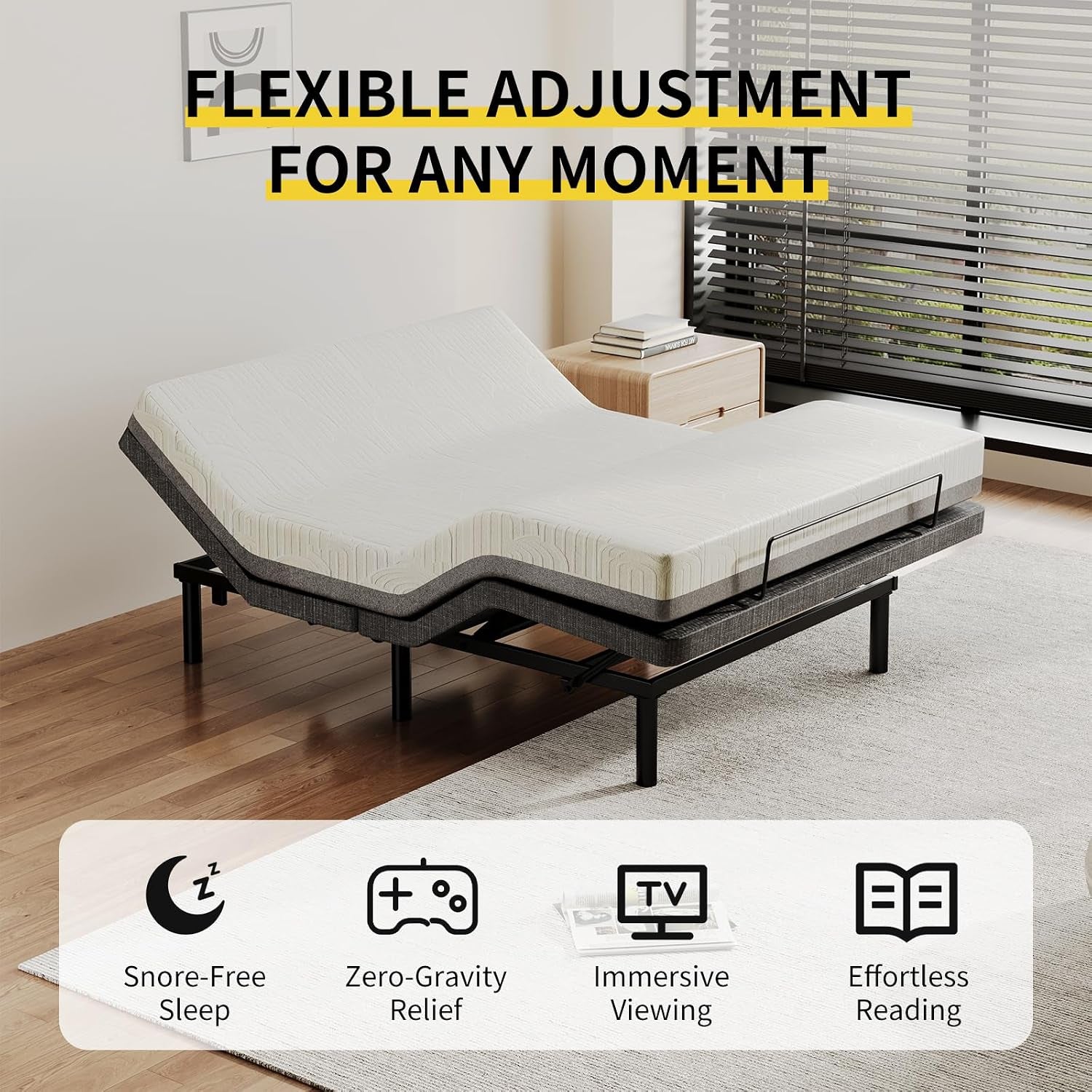 Full Size Smart Massage Bed Base, Electric Adjustable Frame with 6-Vibration Modes, Head & Foot Incline, 2 USB Ports, Flashlight, Storage Shelf & Remote