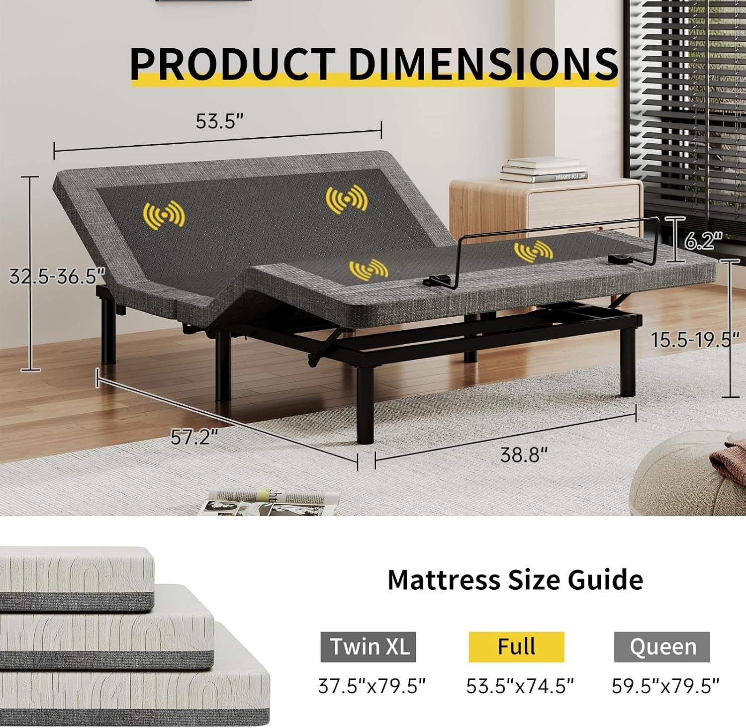 Full Size Smart Massage Bed Base, Electric Adjustable Frame with 6-Vibration Modes, Head & Foot Incline, 2 USB Ports, Flashlight, Storage Shelf & Remote