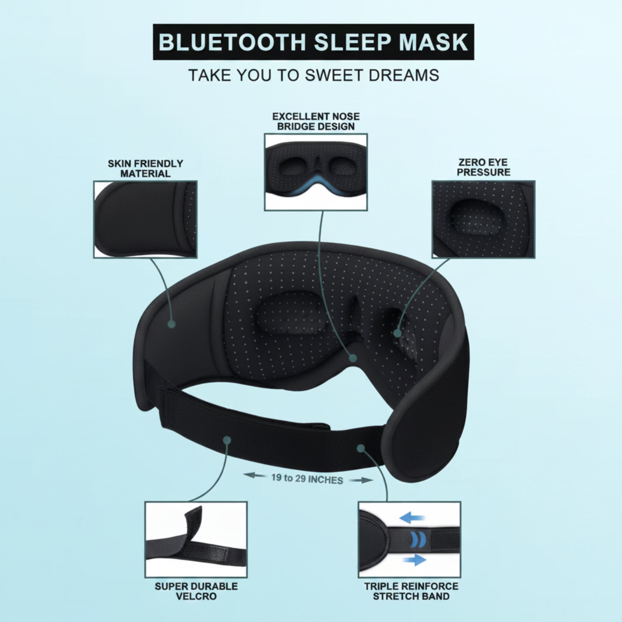 Black Sleep Headphones for Side Sleepers Sleep Mask with Bluetooth Headphones Ultra-Thin Stereo Speakers Perfect